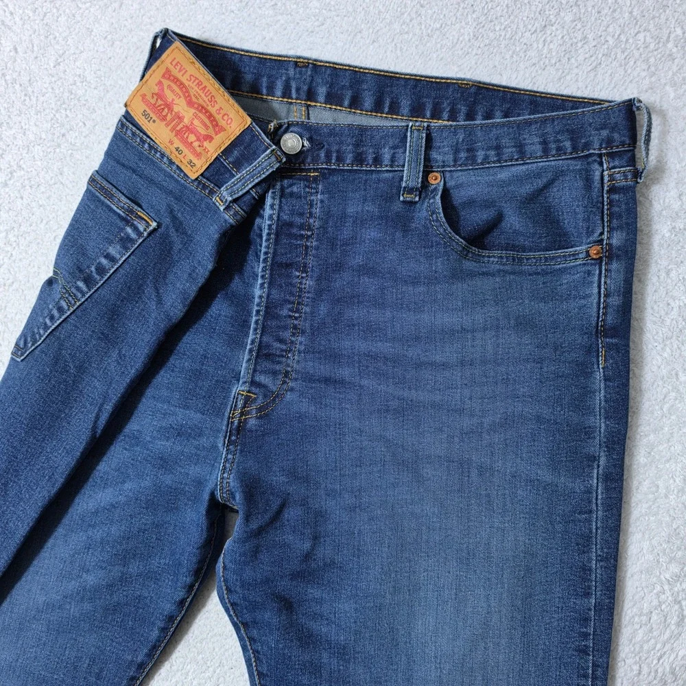Levi 501 Original Mens 40/32 Jeans Blue Stretch Straight Leg Button Fly Denim
